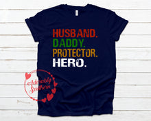 Load image into Gallery viewer, Husband Daddy Protector Hero Fathers Day Tshirt Bella+Canvas Navy
