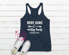 Load image into Gallery viewer, Next Level Tank Vintage Navy Nerf Guns Messy Buns Mom of Both
